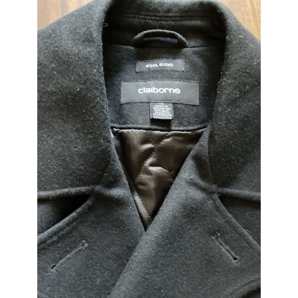 Claiborne Men's Large Peacoat Wool Blend Double Breasted Dress Jacket  Black EUC - Picture 3 of 11